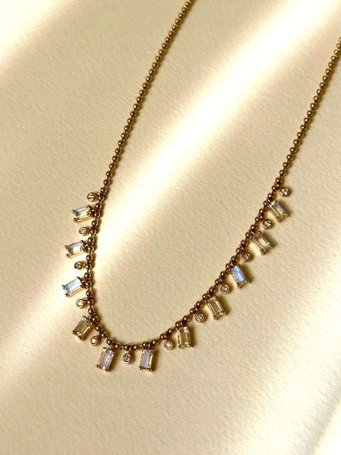 14K Moonstone Diamond Ball Chain Necklace