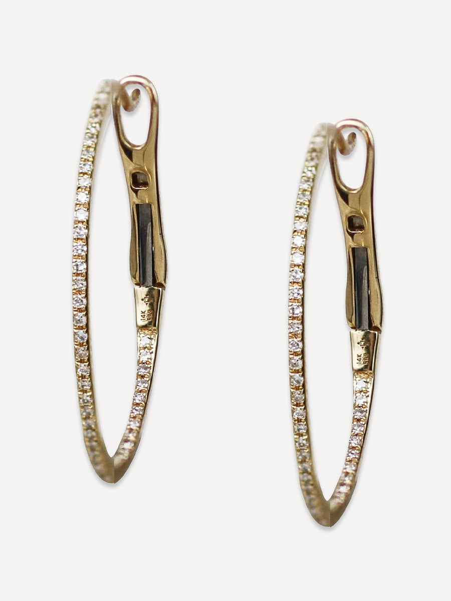 14K Diamond Thin Round Hoops - 1 Inch