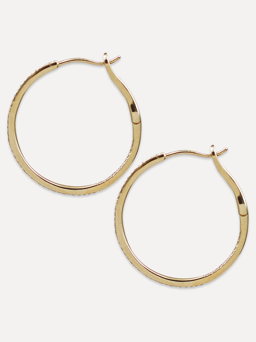 14K Diamond Thin Round Hoops - 1 Inch