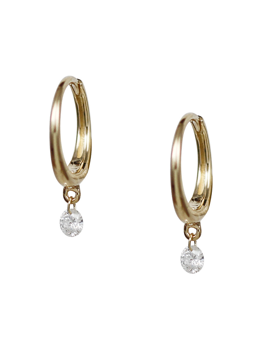 14K Round Floating Diamond Huggie Hoops