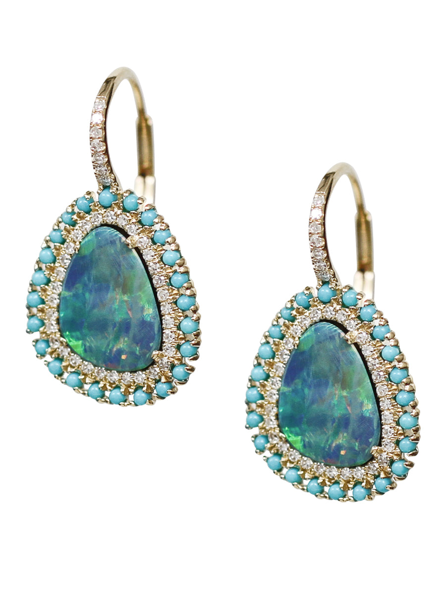 14K Diamond,Opal & Turquoise Leverback Earrings