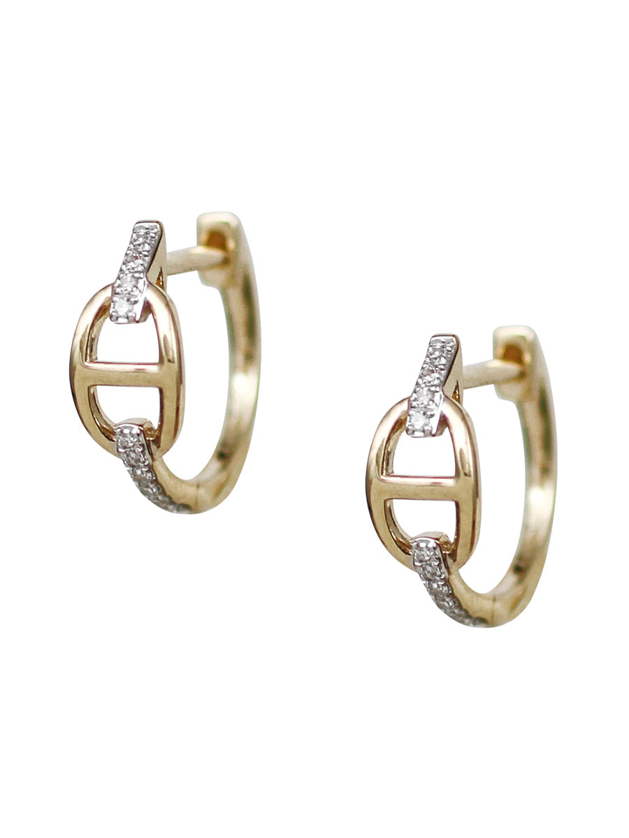 14K Diamond Anchor Link Huggie Hoops