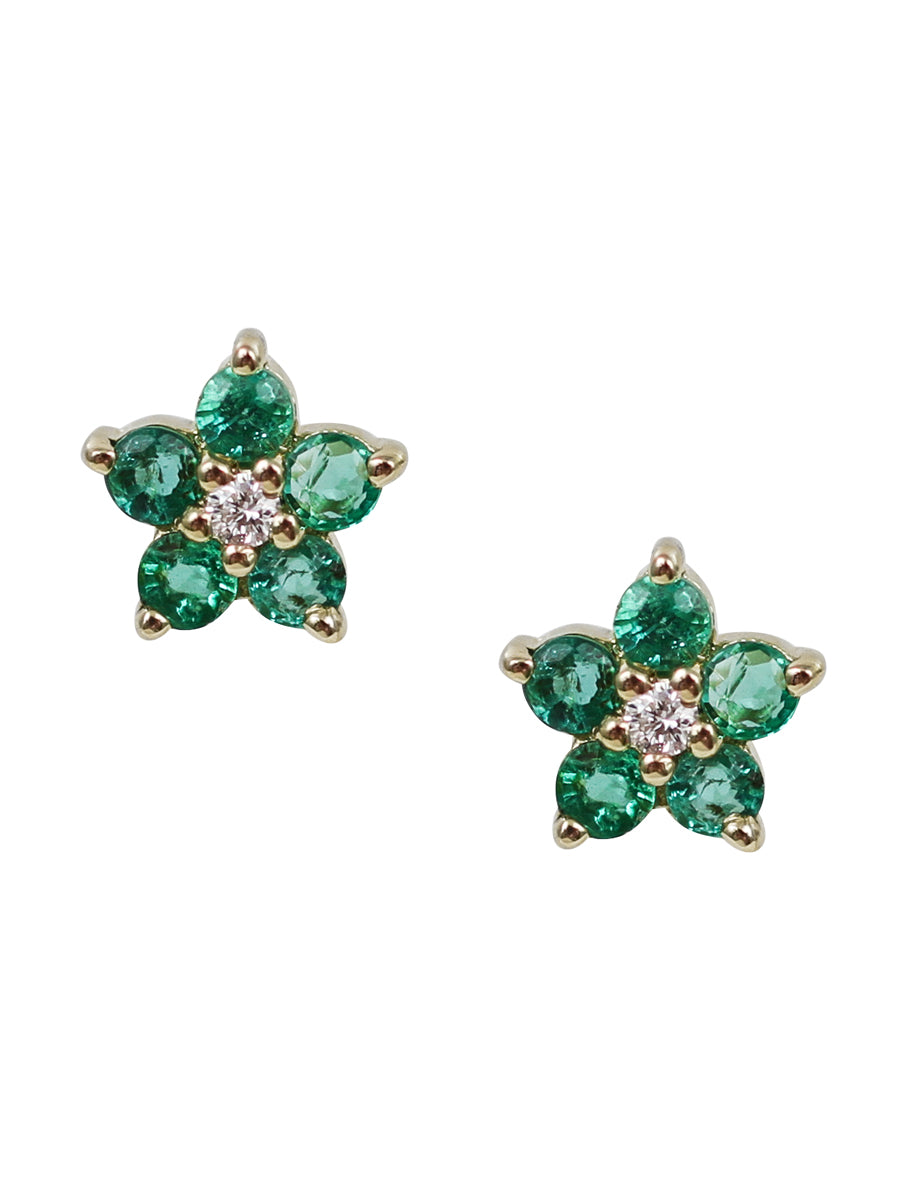 14K Diamond & Emerald Petite Flower Posts