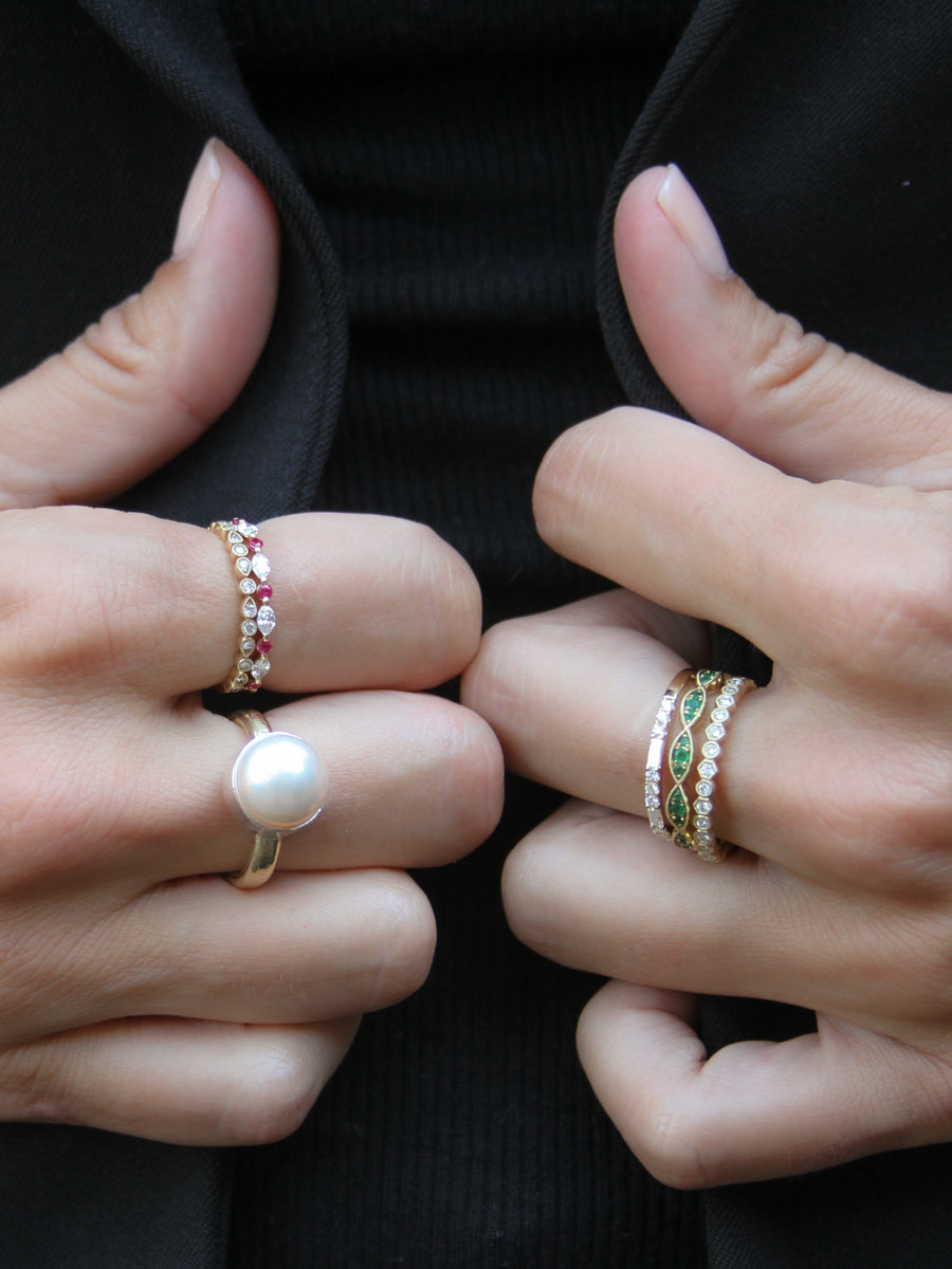 14K Baguette & Round Halfway-Set Diamond Stackable Band
