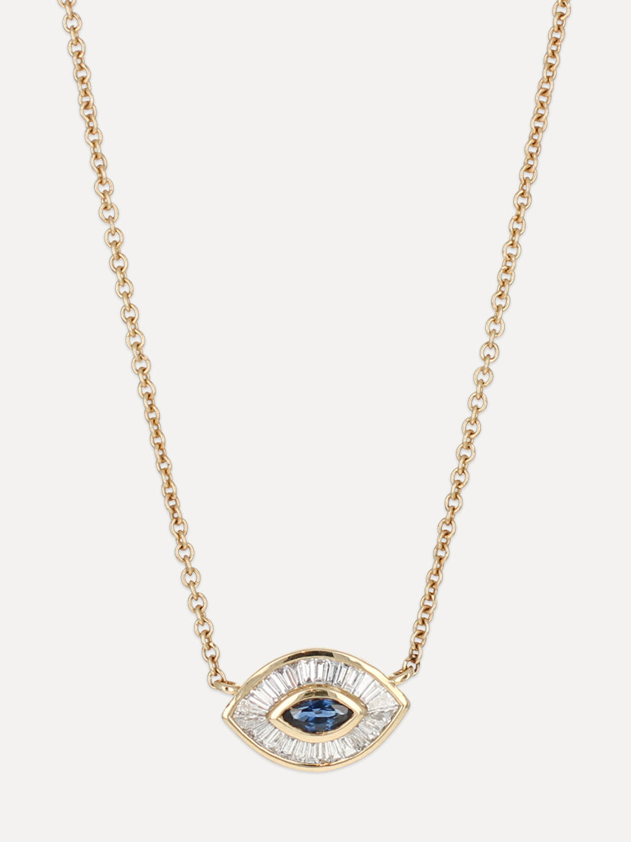 14K Blue Sapphire & Baguette Diamond Eye Necklace