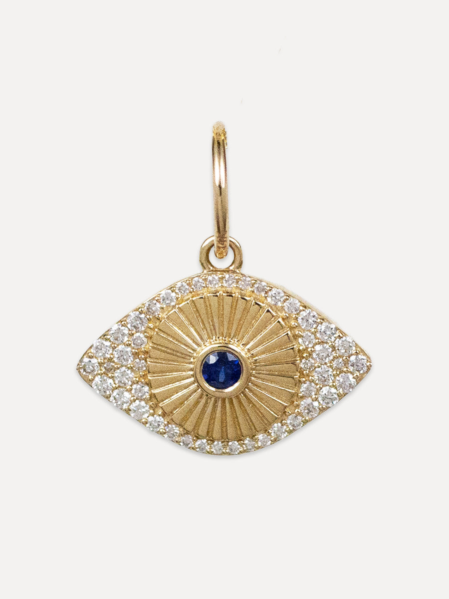 14K Diamond & Blue Sapphire Fluted Evil Eye Charm