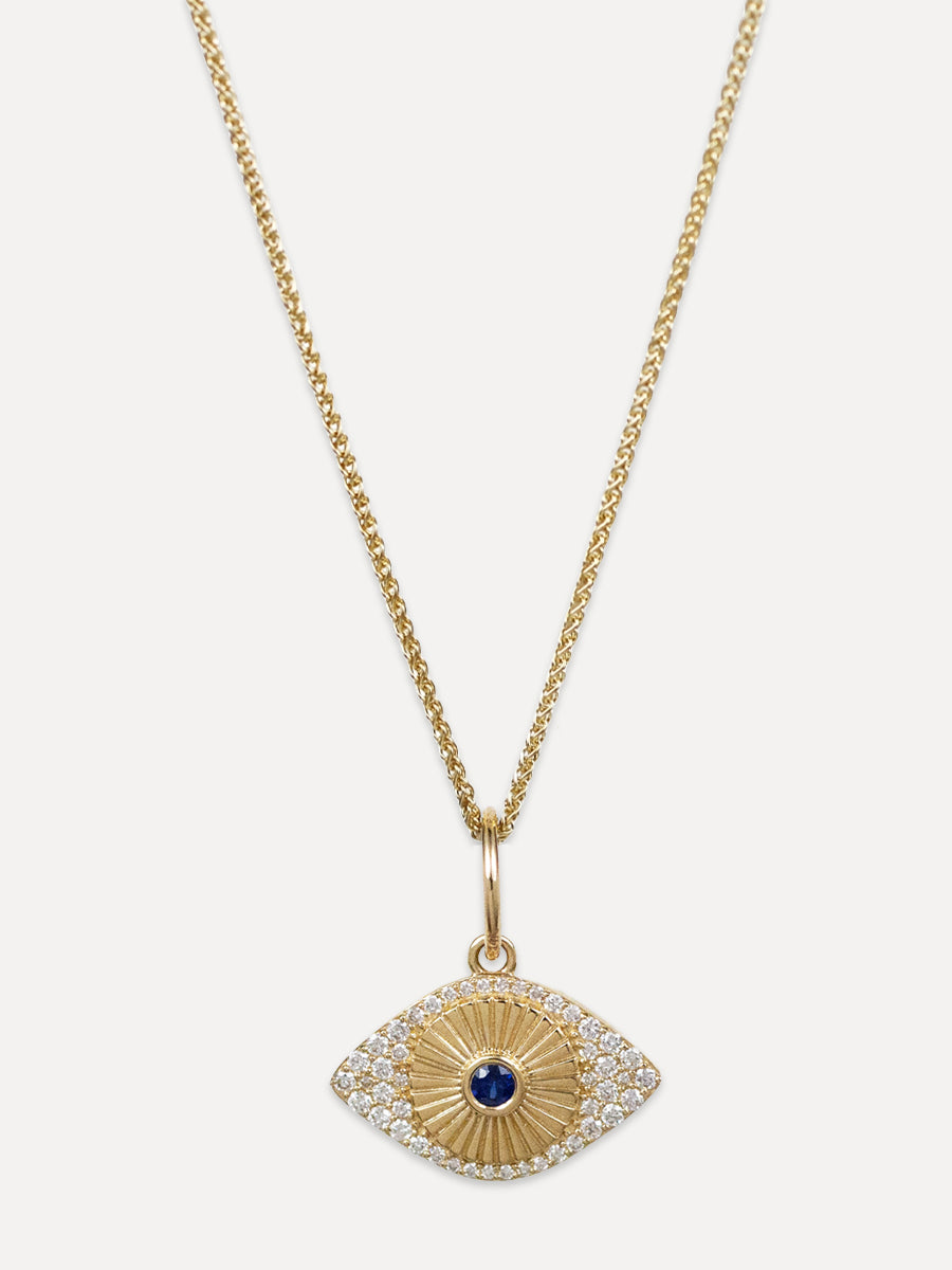 14K Diamond & Blue Sapphire Fluted Evil Eye Charm