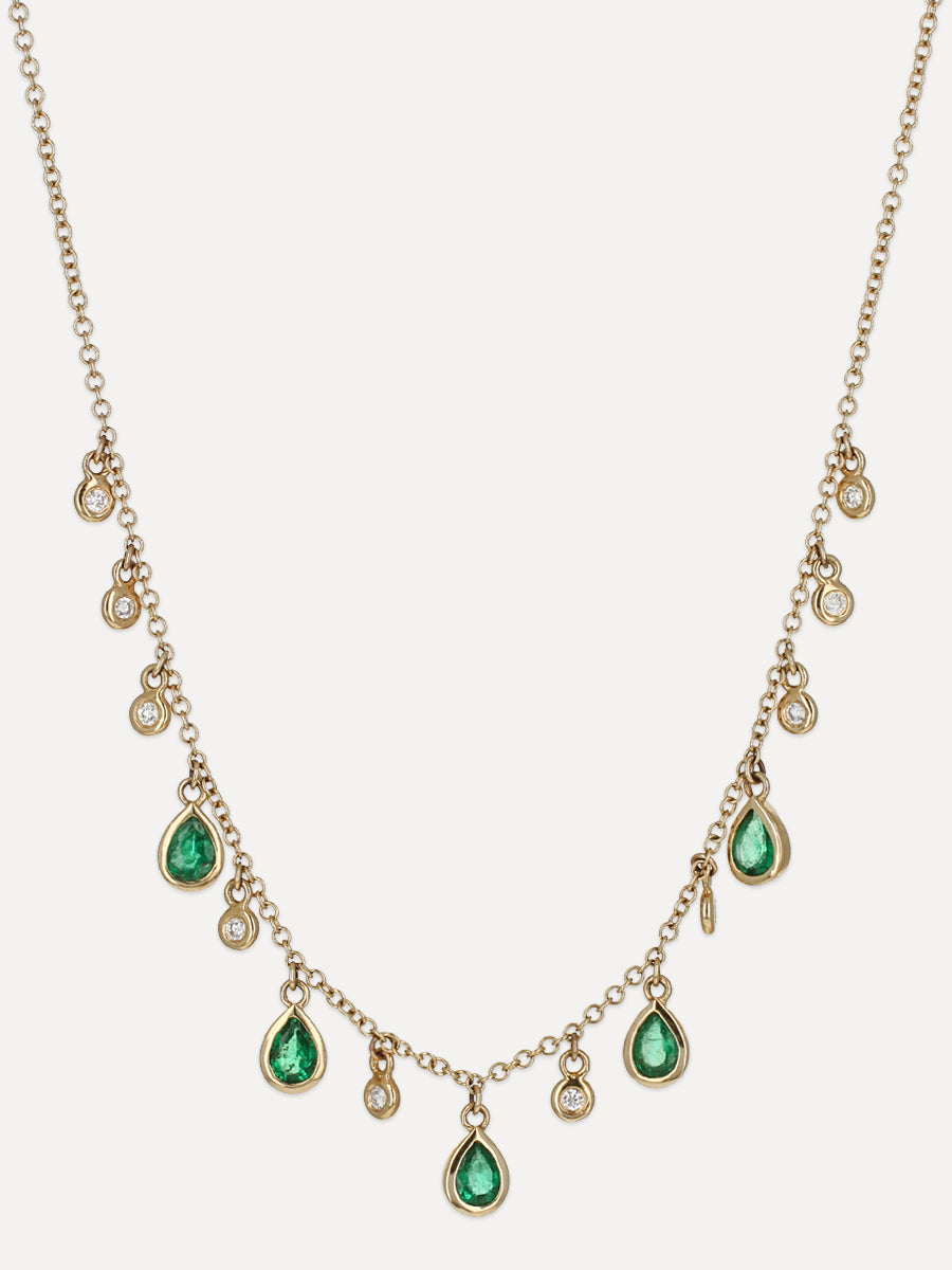 14K Emerald Drops & Round Diamond Charm Necklace