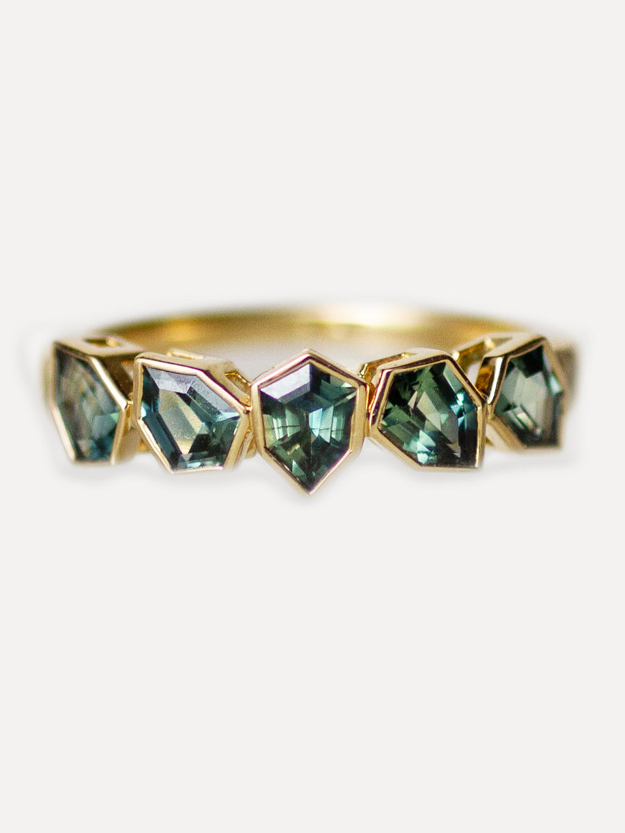 18K Floating Shield Blue/Green Sapphire Stacking Ring