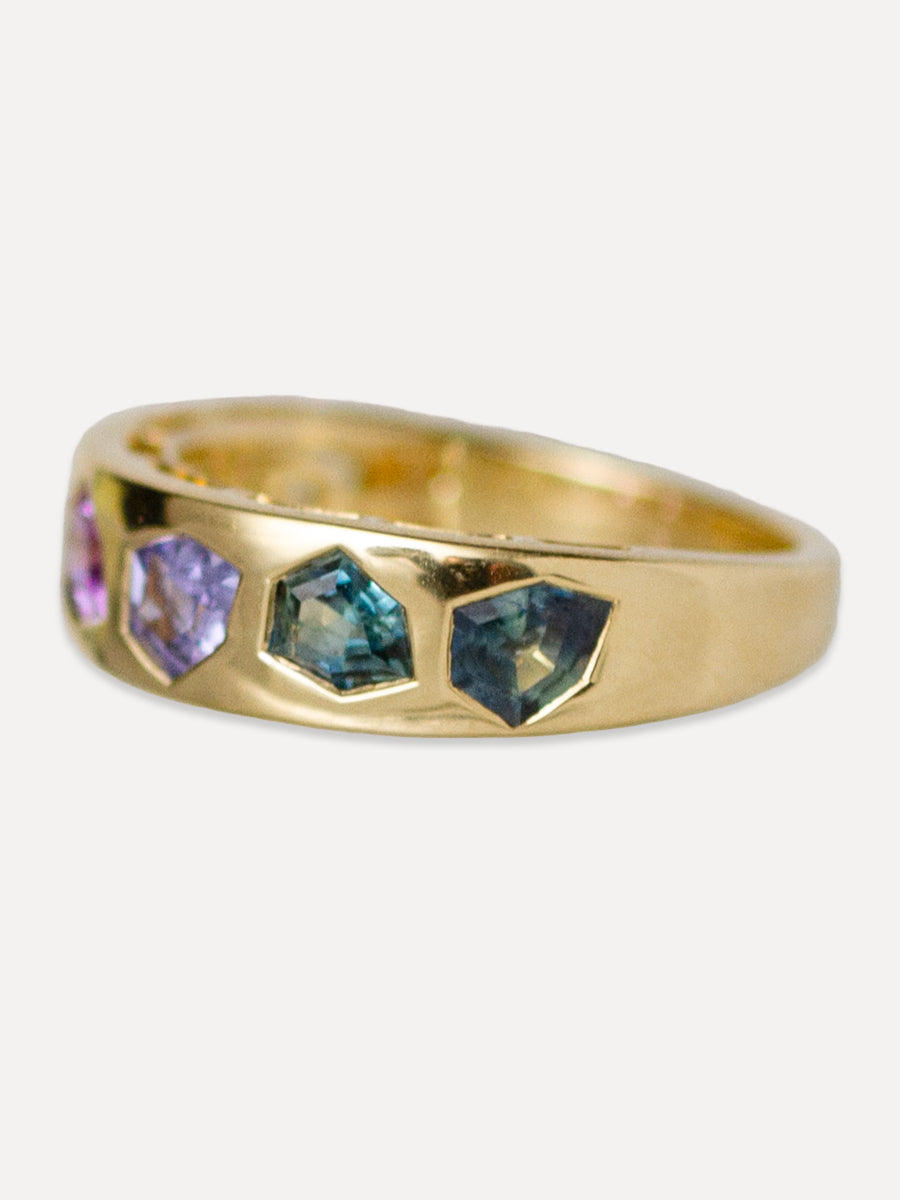 18K Floating Shield Rainbow Sapphire Wide Stacking Ring