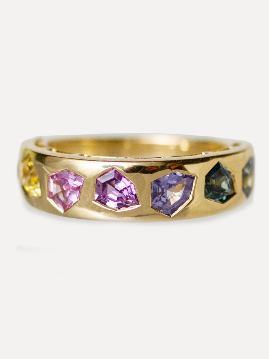 18K Floating Shield Rainbow Sapphire Wide Stacking Ring