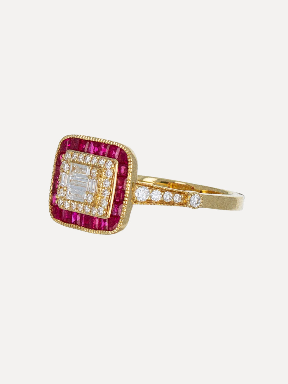 18K Ruby & Diamond Baguette Halo Ring
