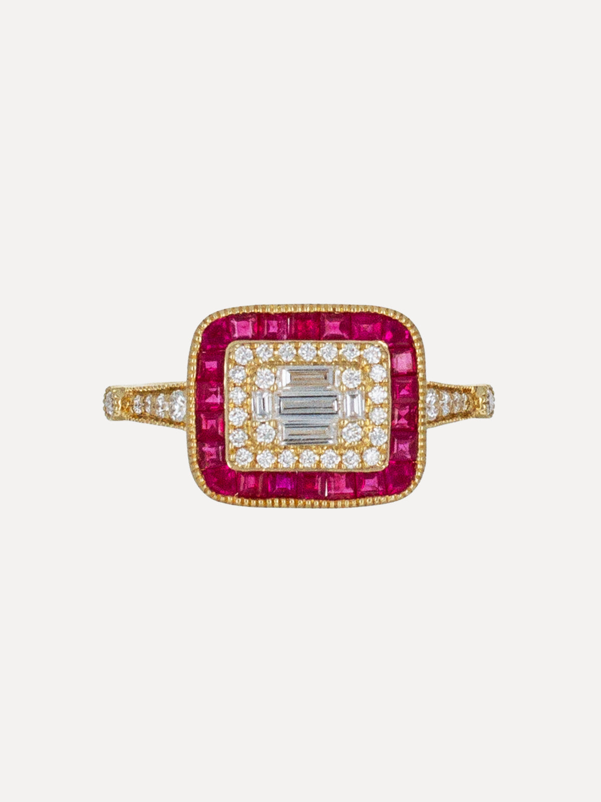 18K Ruby & Diamond Baguette Halo Ring