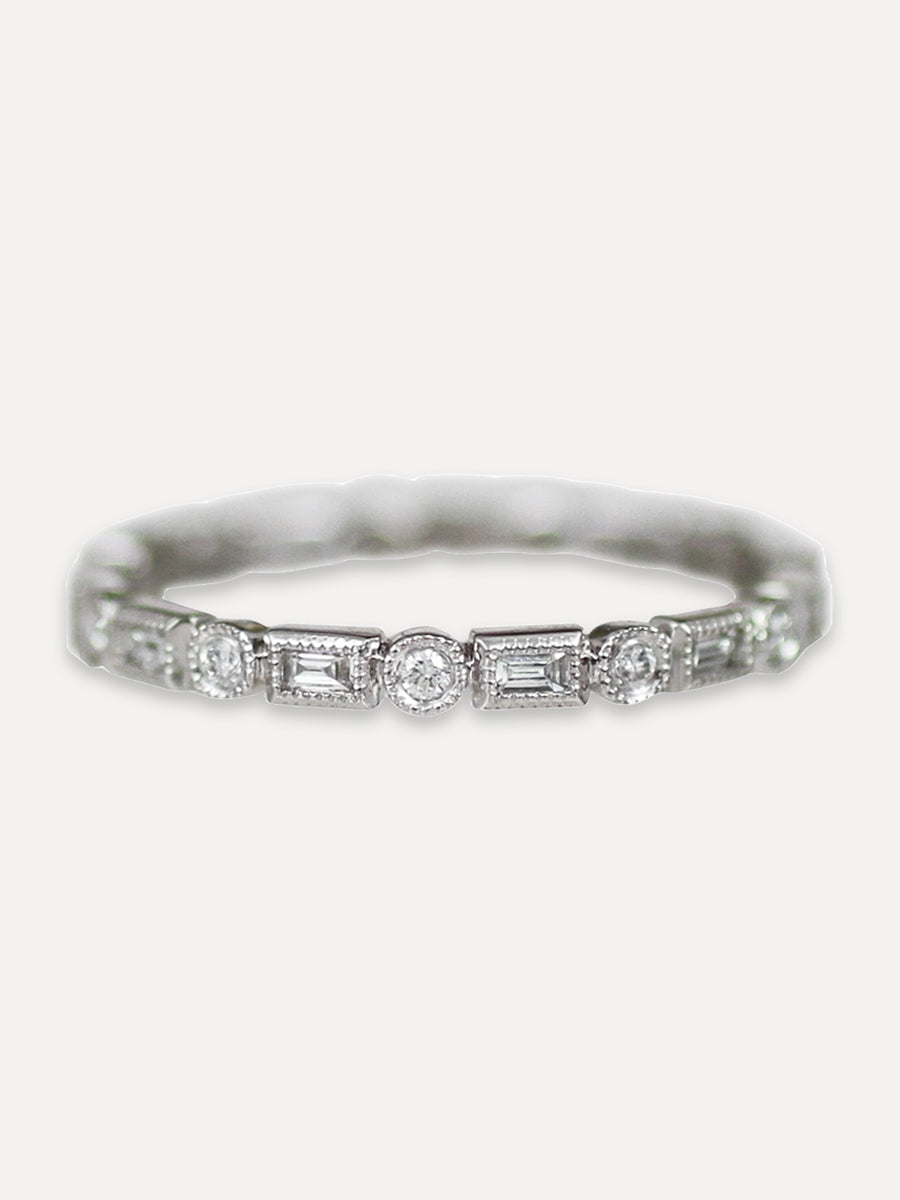 14K Baguette & Round Diamond Milgrain Band