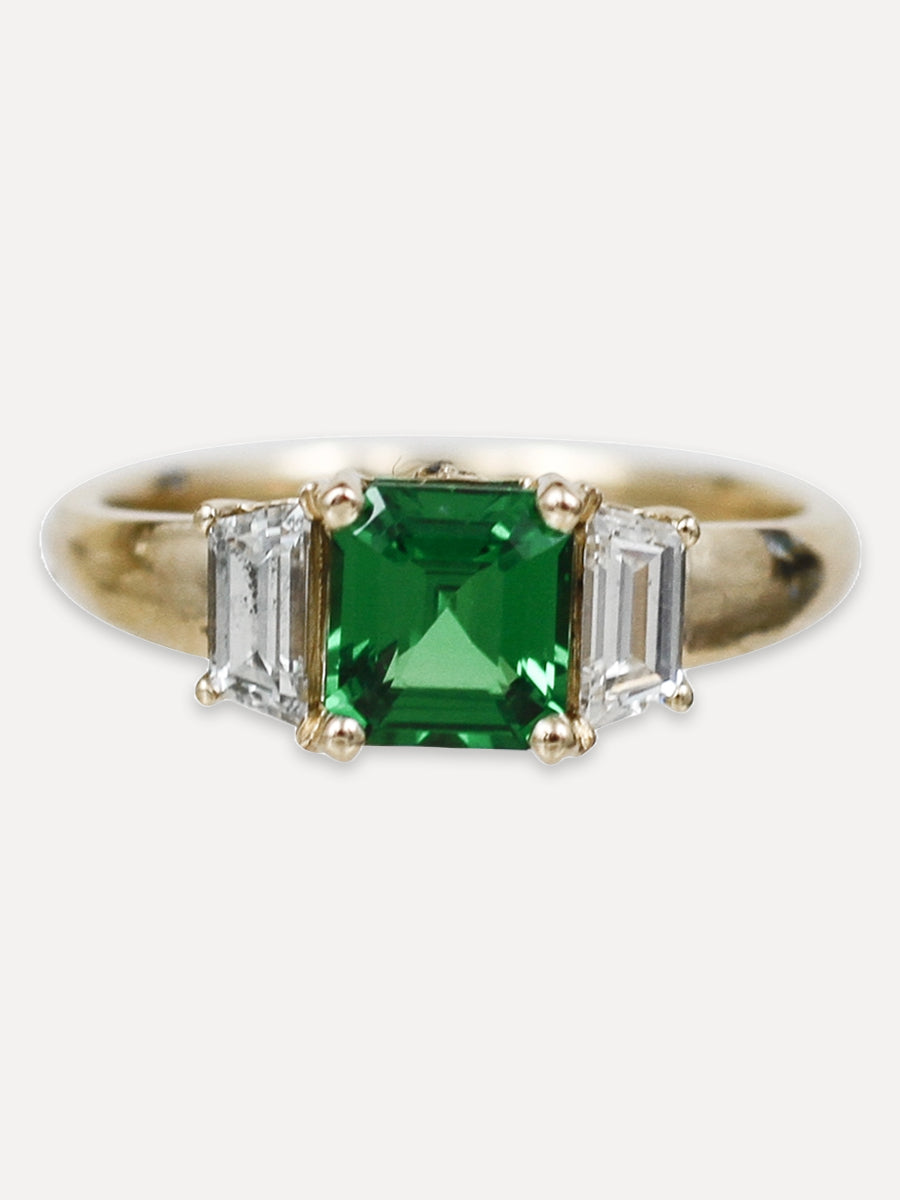 14K Asscher Cut Tsavorite & Diamond Deco Ring