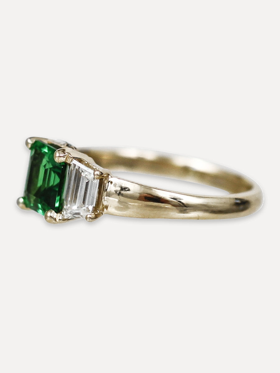14K Deco Asscher Cut Ring - Tsavorite & Diamond