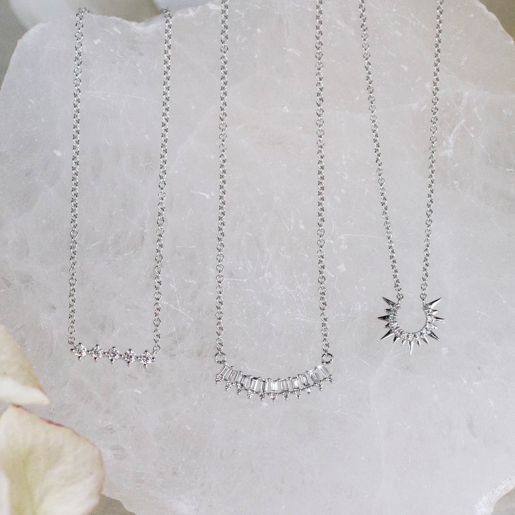14K Diamond Baguette Decorative Curved Necklace