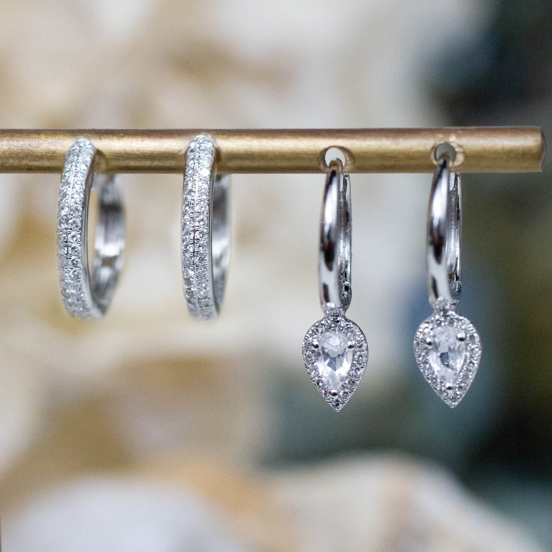 14K Diamond & White Topaz Teardrop Huggie Hoops-white gold