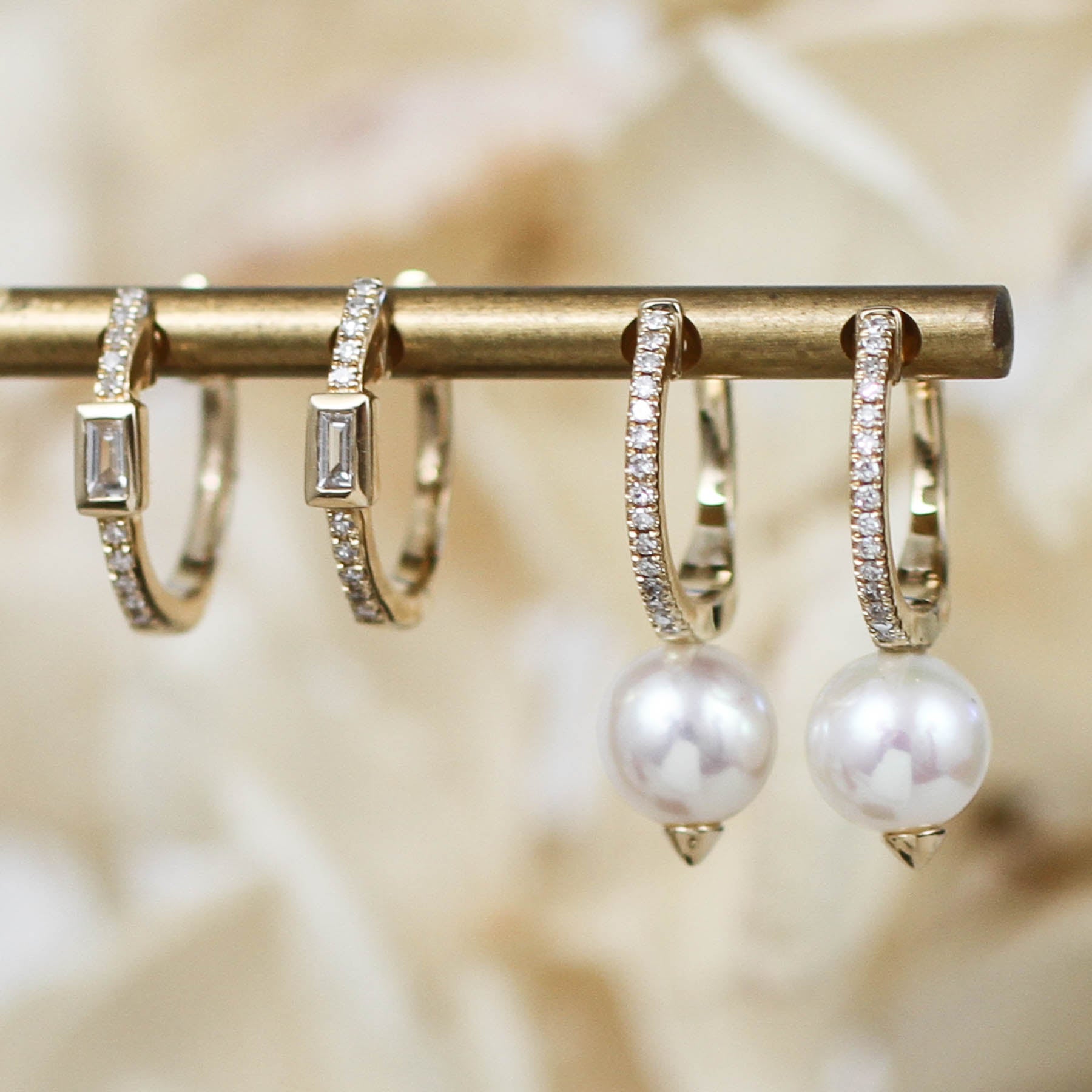 14K Diamond & White Pearl Drop Huggies