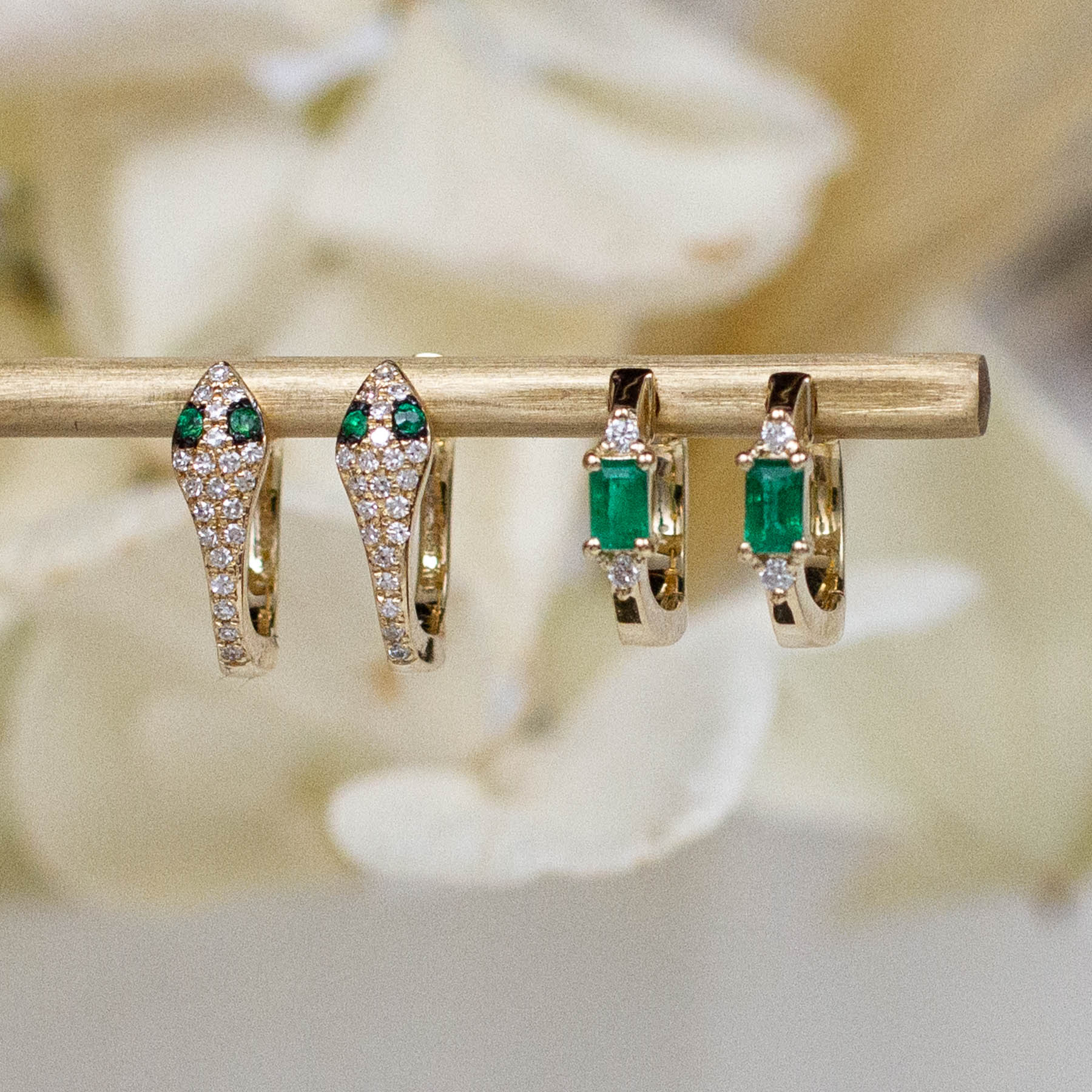 14K Diamond & Emerald Snake Huggie Hoops