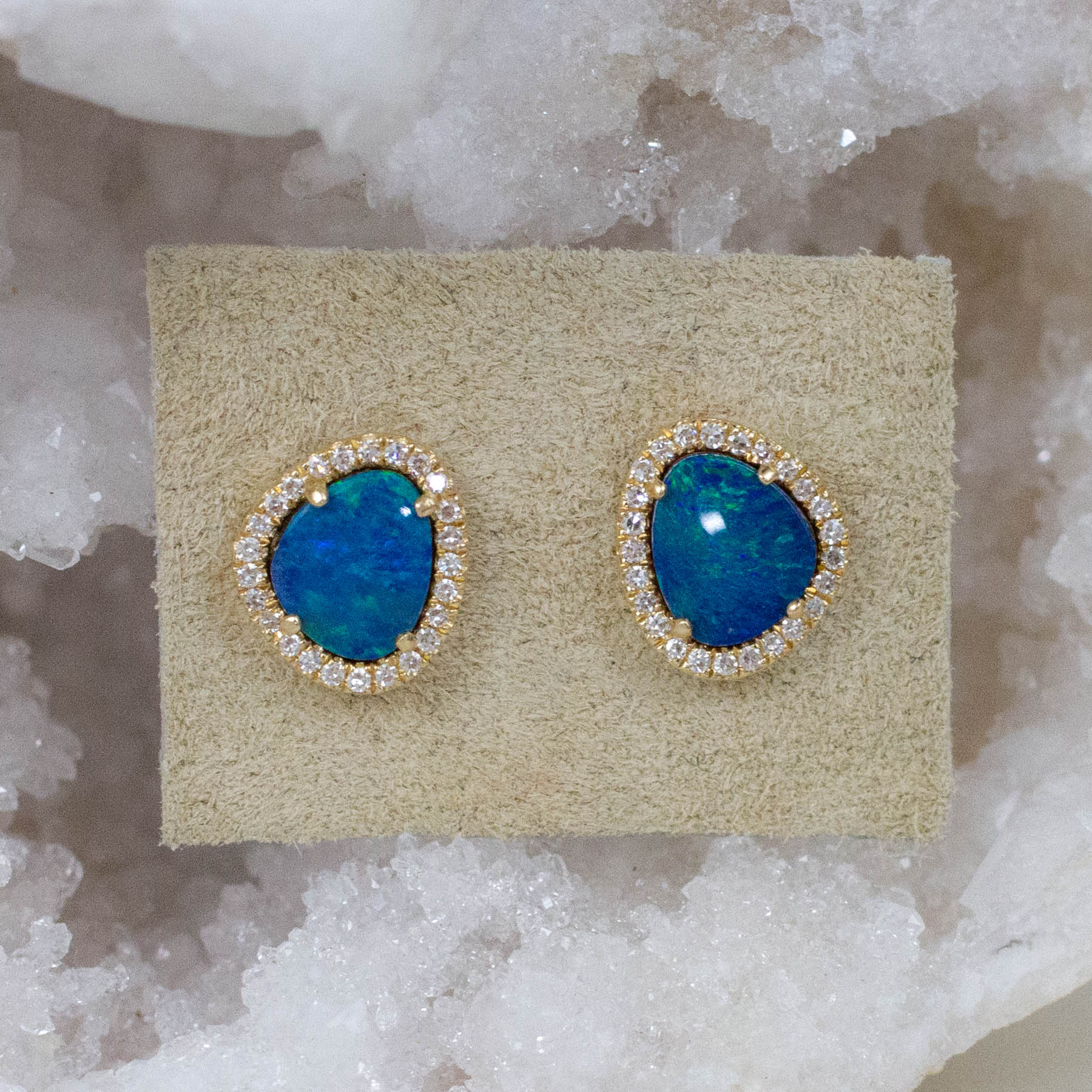 14K Diamond Halo Opal Trillium Posts