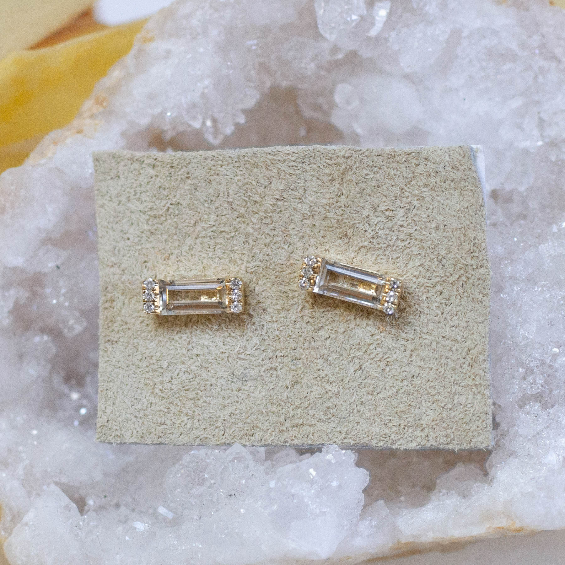 14K Diamond & White Topaz Baguette Posts