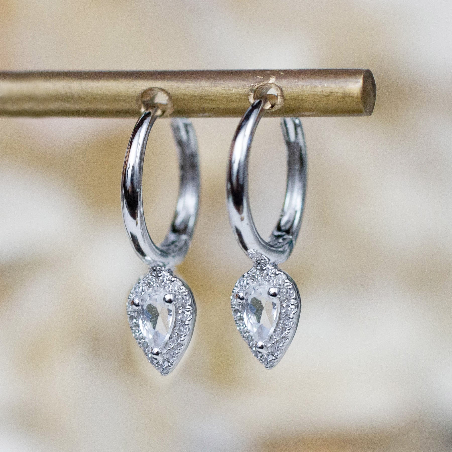 14K Diamond & White Topaz Teardrop Huggie Hoops-white gold