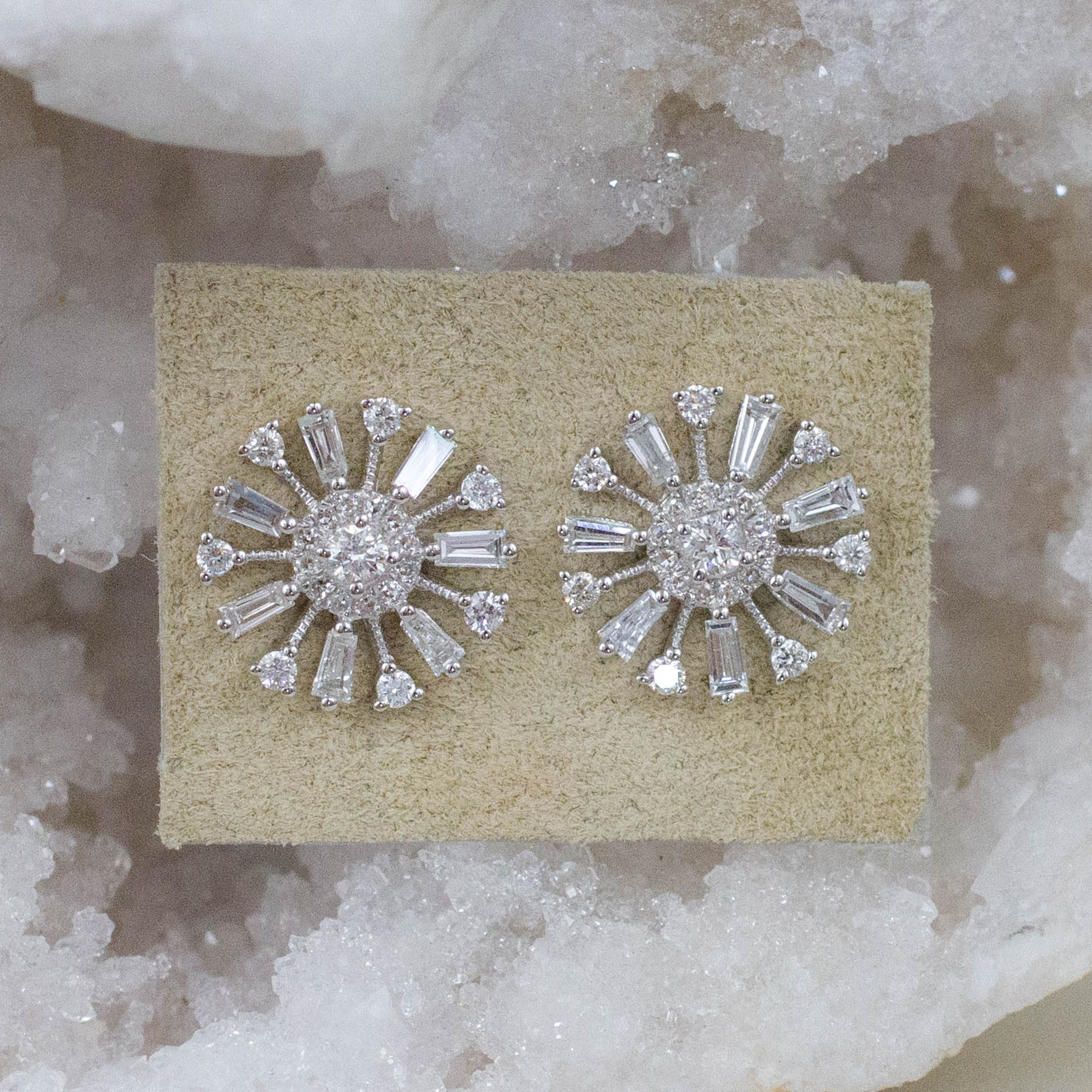 14k Diamond Baguette Sunburst Studs