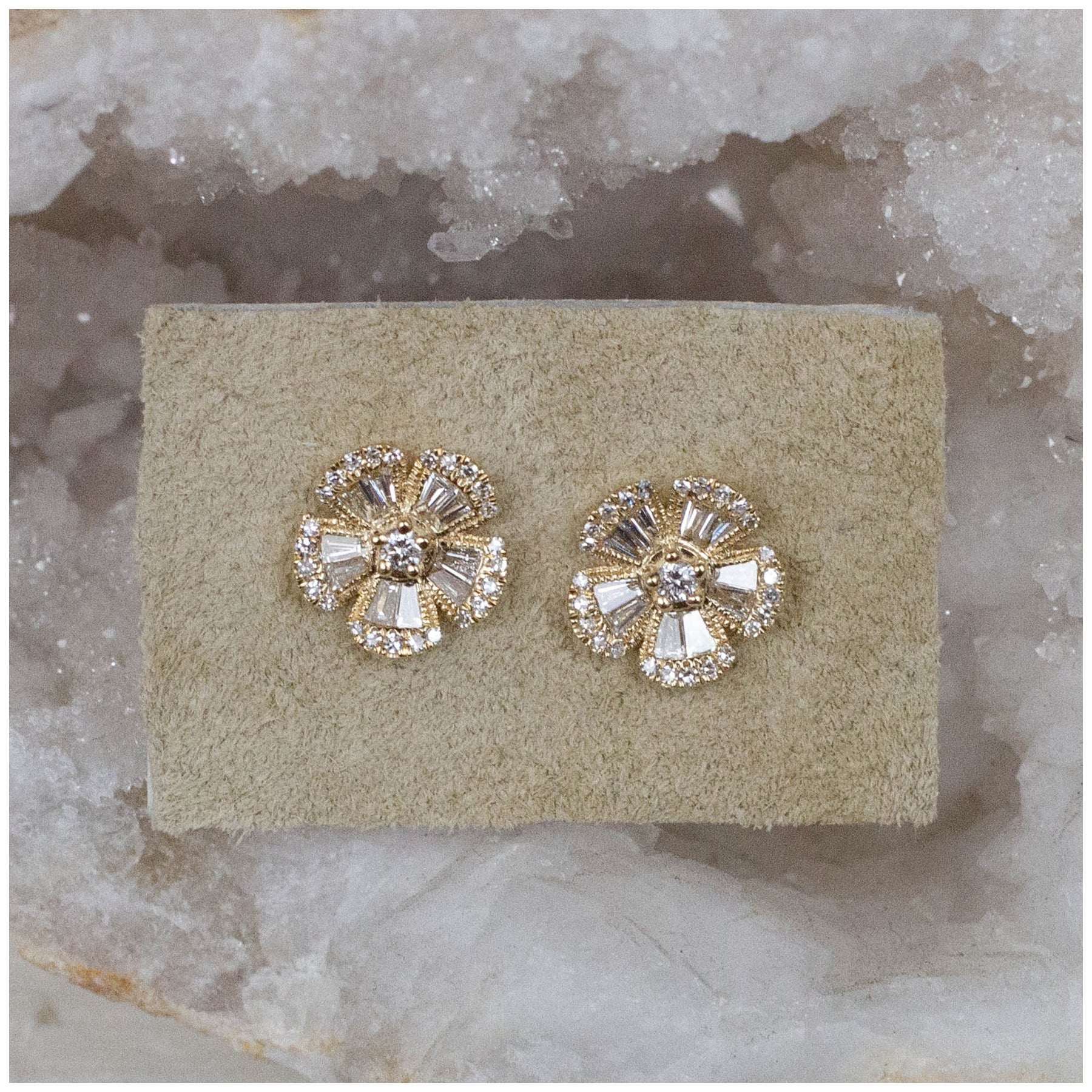 14K Diamond Baguette Flower Posts
