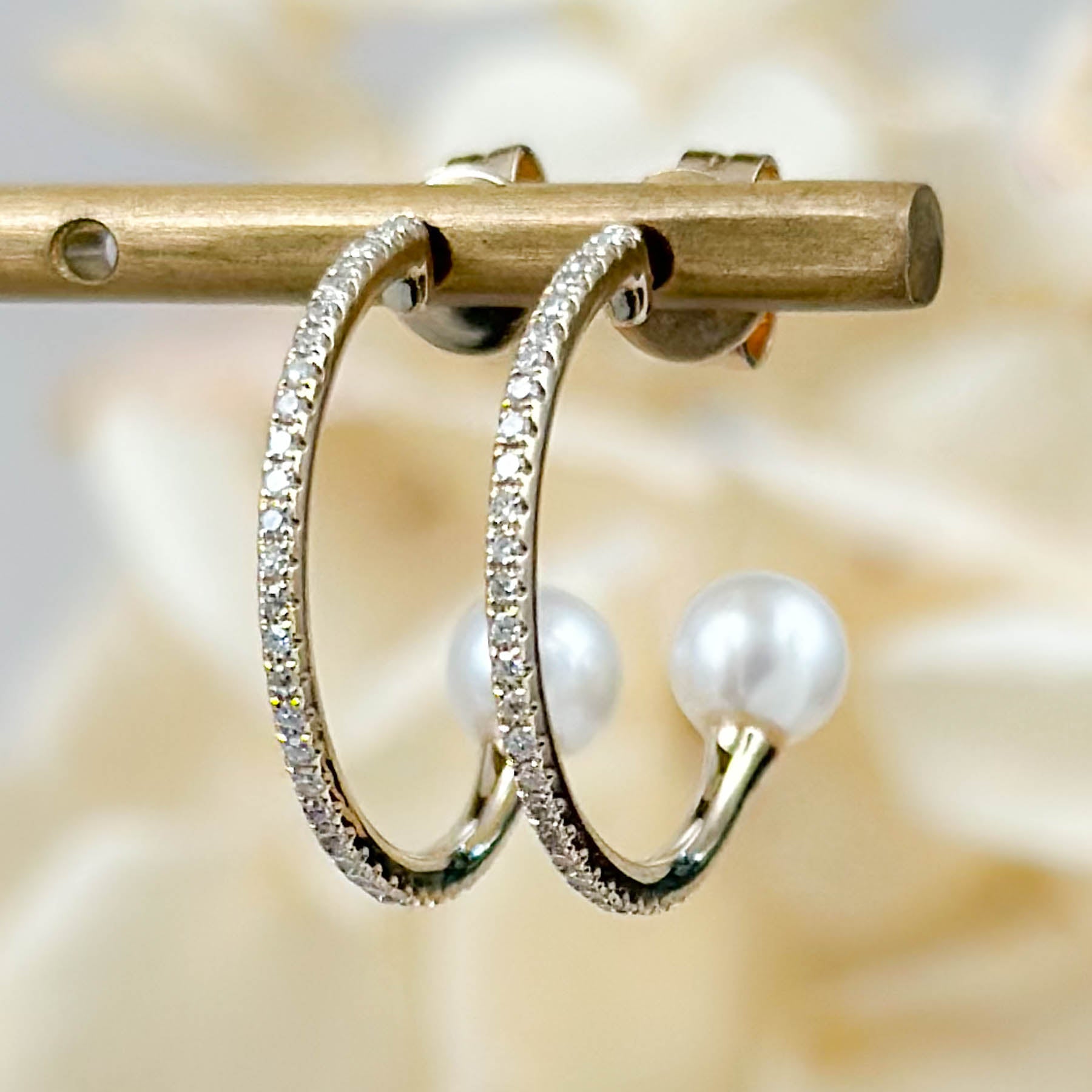 14K Diamond & Pearl Accent Hoops