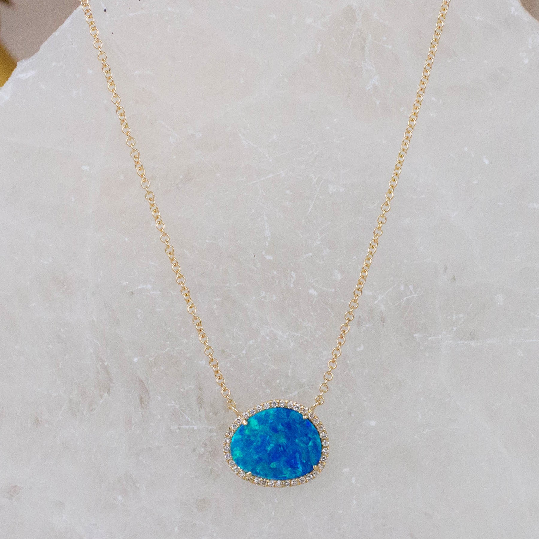 14K Diamond Halo Opal Necklace
