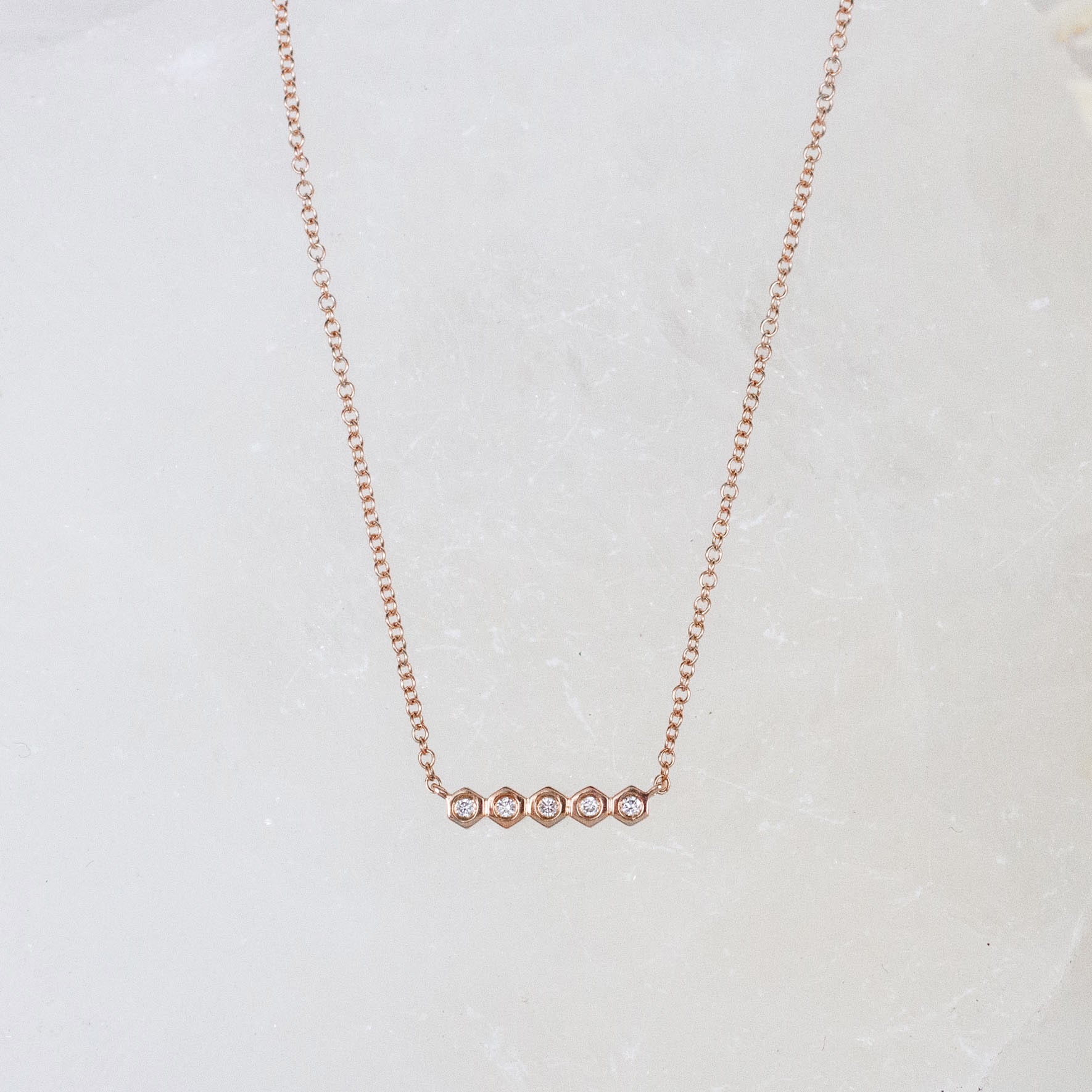 14K Five Diamond Hexagon Row Necklace