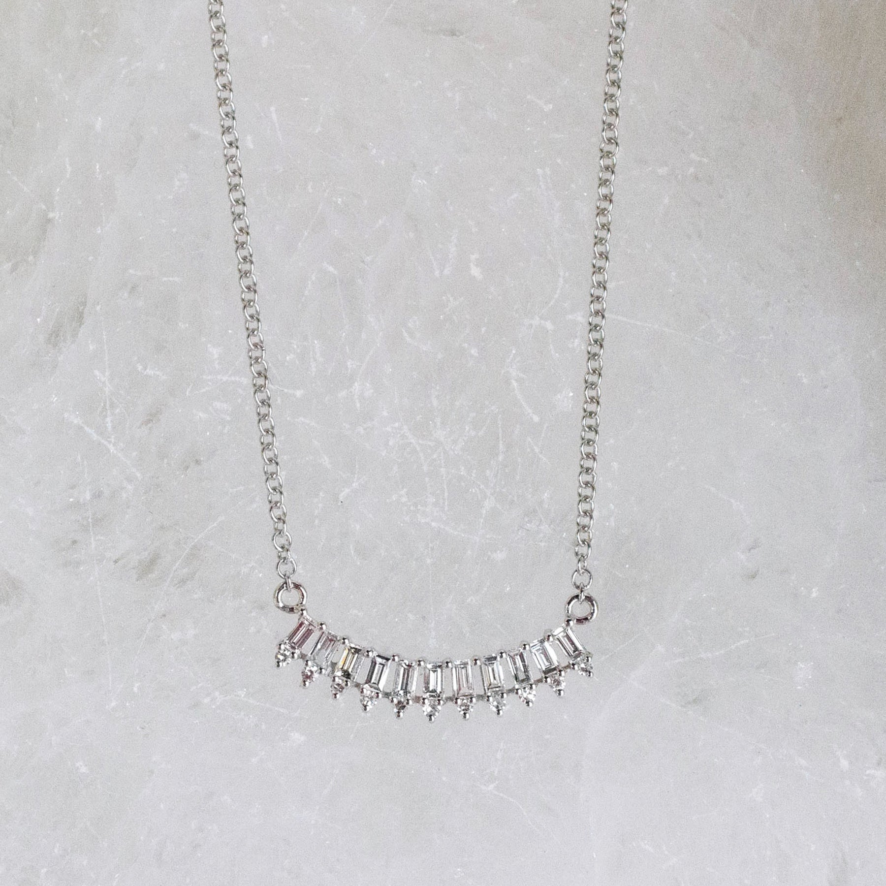 14K Diamond Baguette Decorative Curved Necklace
