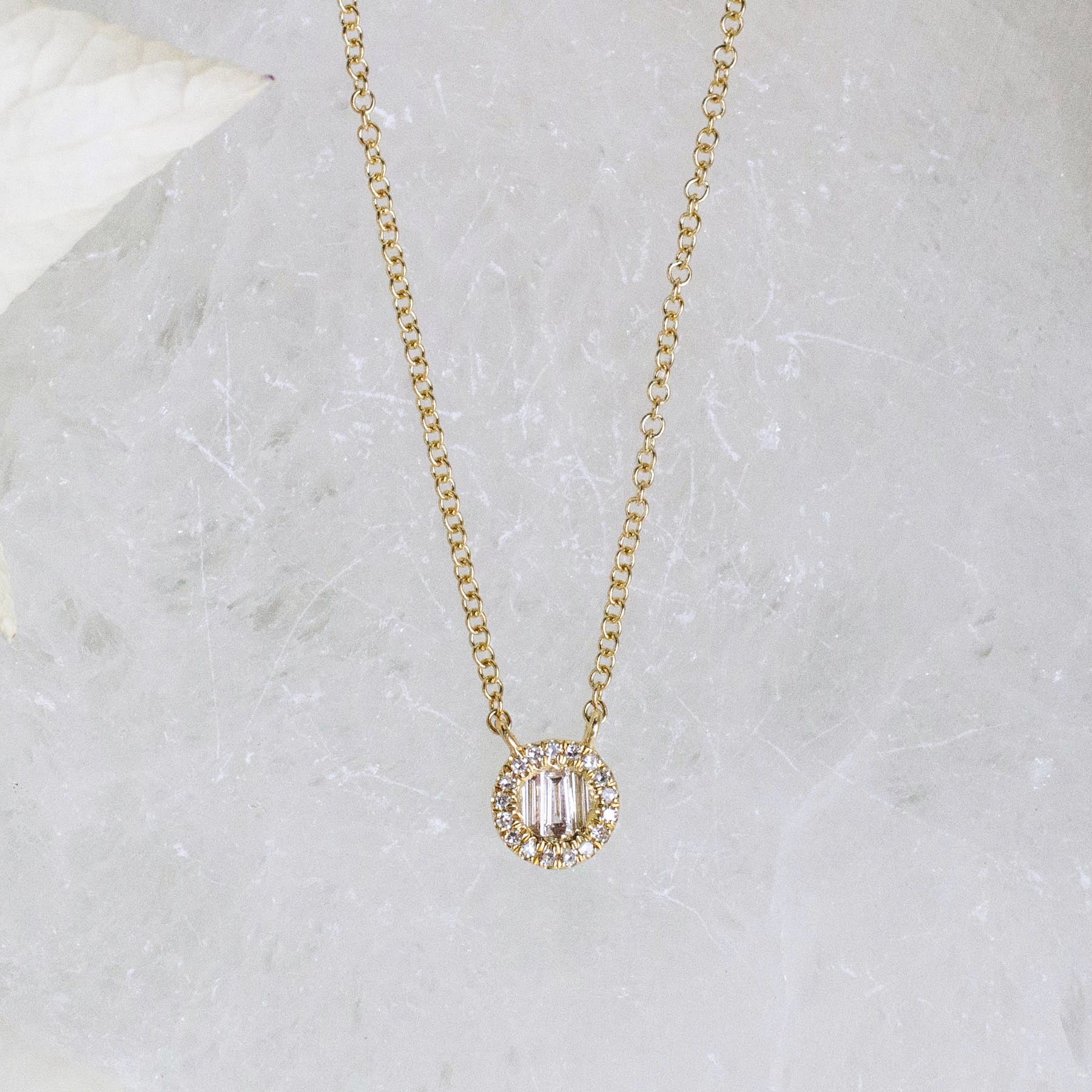 14K Diamond Petite Baguette & Halo Necklace