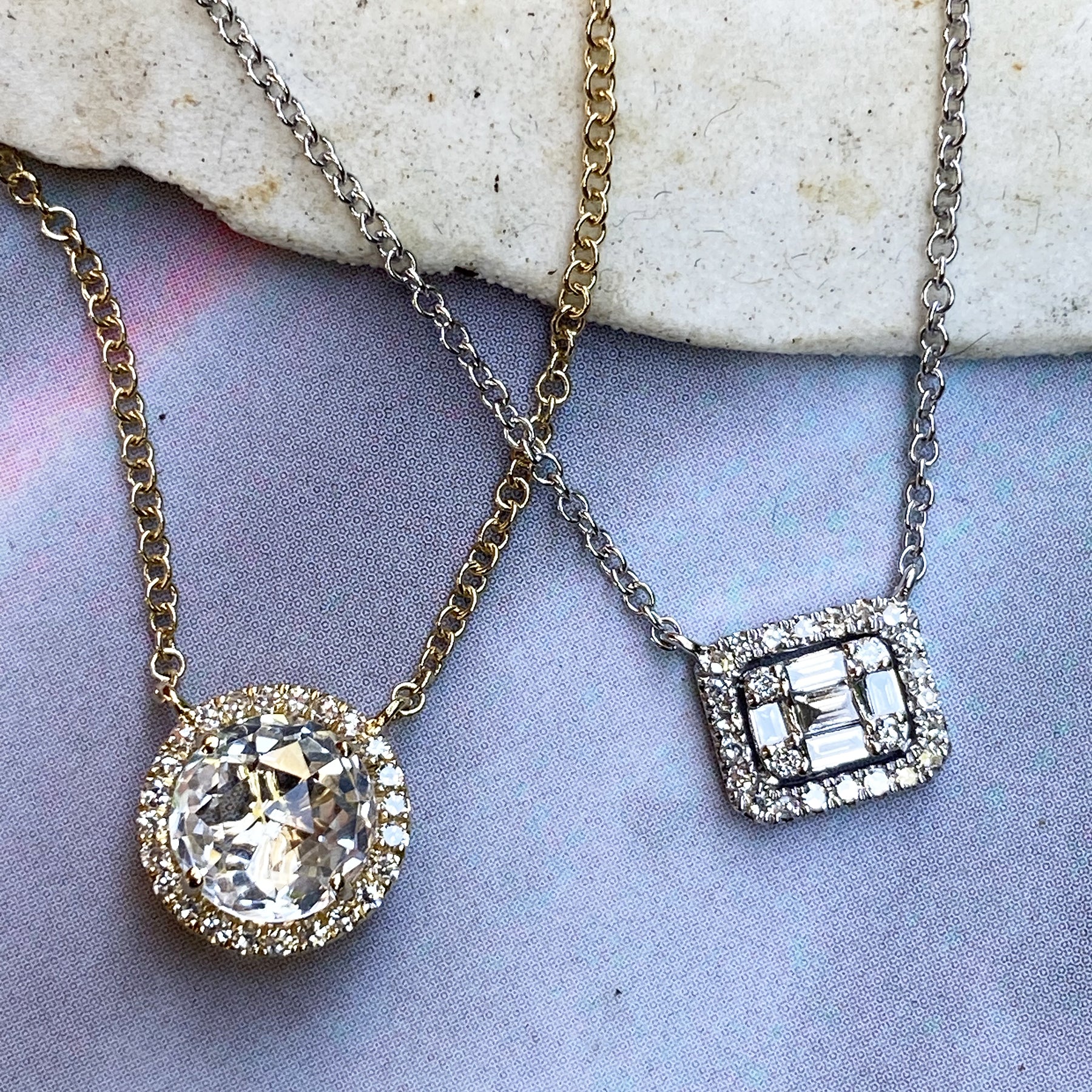 14K Diamond Baguette Square Necklace