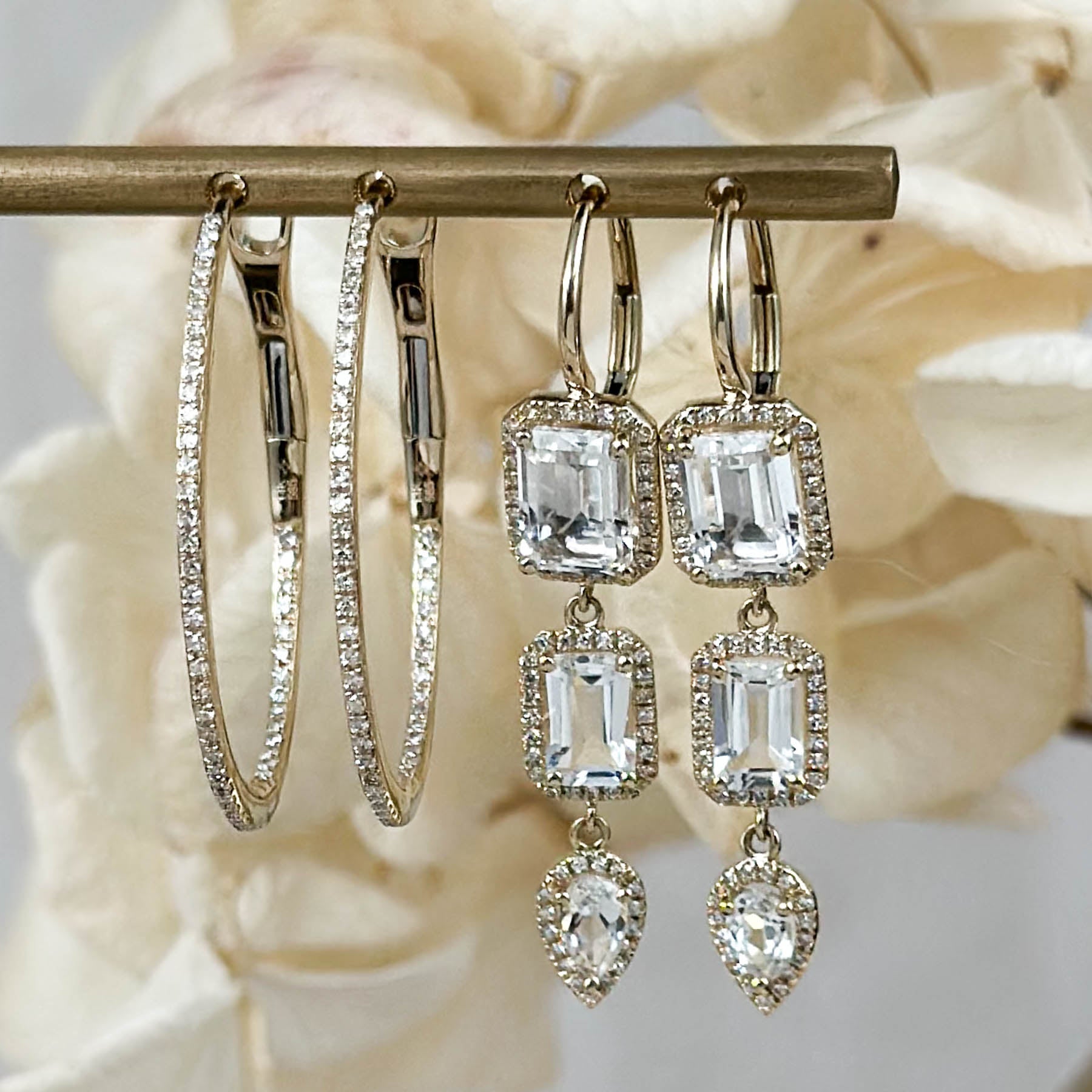 14K Diamond & White Topaz Triple Cascade Earrings
